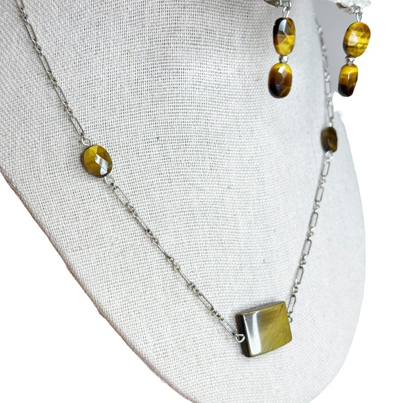 Tigers Eye Stone Sterling Silver 925 Necklace & Earring Matching Set - Picture 3 of 7